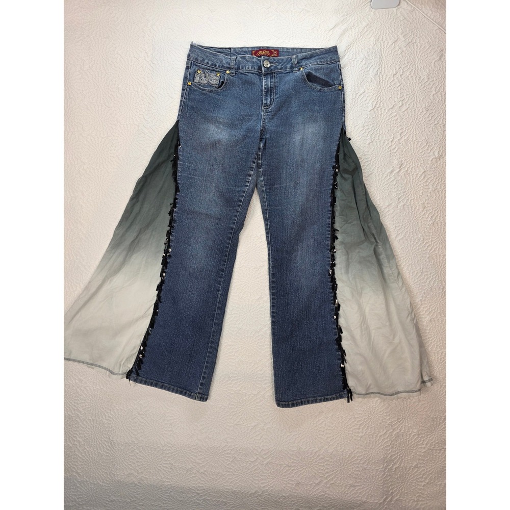 One 5 One Flare Jeans Womens 10 Blue Good Upstyled Wide Leg Ombre Embellished